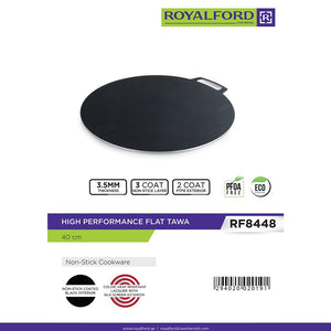 Royalford RF8448 High Performance Flat Tawa 40cm | 3.5mm Thick Non Stick Cookware with 3 Coat Non Stick Layer| PFOA Free | Eco Friendly Design for Roti & Dosa Cooking