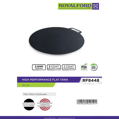 Royalford RF8448 High Performance Flat Tawa 40cm | 3.5mm Thick Non Stick Cookware with 3 Coat Non Stick Layer| PFOA Free | Eco Friendly Design for Roti & Dosa Cooking