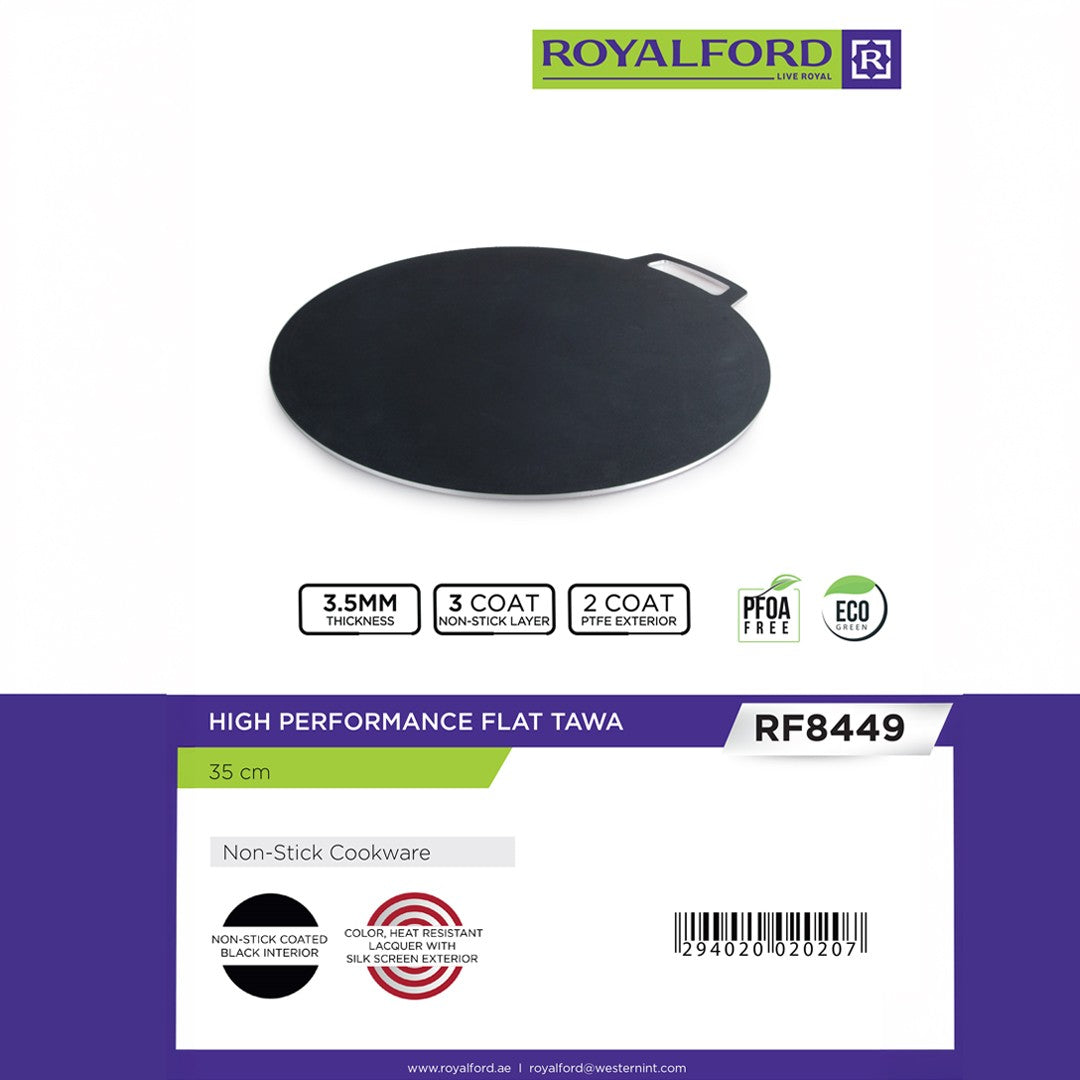 Royalford RF8449 45cm Flat Tawa | 3.5mm Thick Non-Stick Cookware | 2-Layer Interior Coating | 3-Coat Heat-Resistant Finish | Perfect for Roti Dosa, Chapati, Pancake Etc