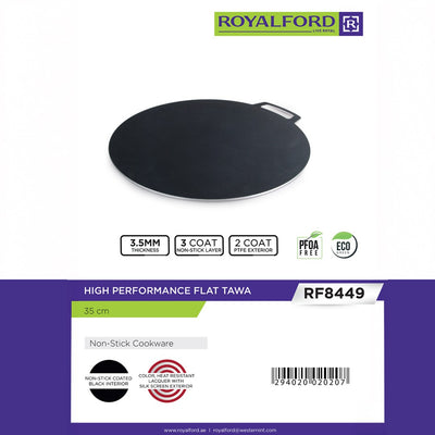 Royalford RF8449 45cm Flat Tawa | 3.5mm Thick Non-Stick Cookware | 2-Layer Interior Coating | 3-Coat Heat-Resistant Finish | Perfect for Roti Dosa, Chapati, Pancake Etc