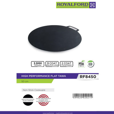 Royalford RF8450 High Performance Flat Tawa 50cm | 3.5mm Thick Non-Stick Cookware with 3 Coat Interior | Perfect for Roti, Dosa , Chapati, Pancake Even Heat Cooking