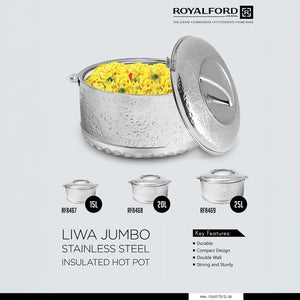 Royalford RF8467 15L Liwa Jumbo Stainless Steel Insulated Hot Pot |Double Wall Casserole | Premium Stainless Steel Construction |Elegant Embossed Design |Secure-Fit Lid