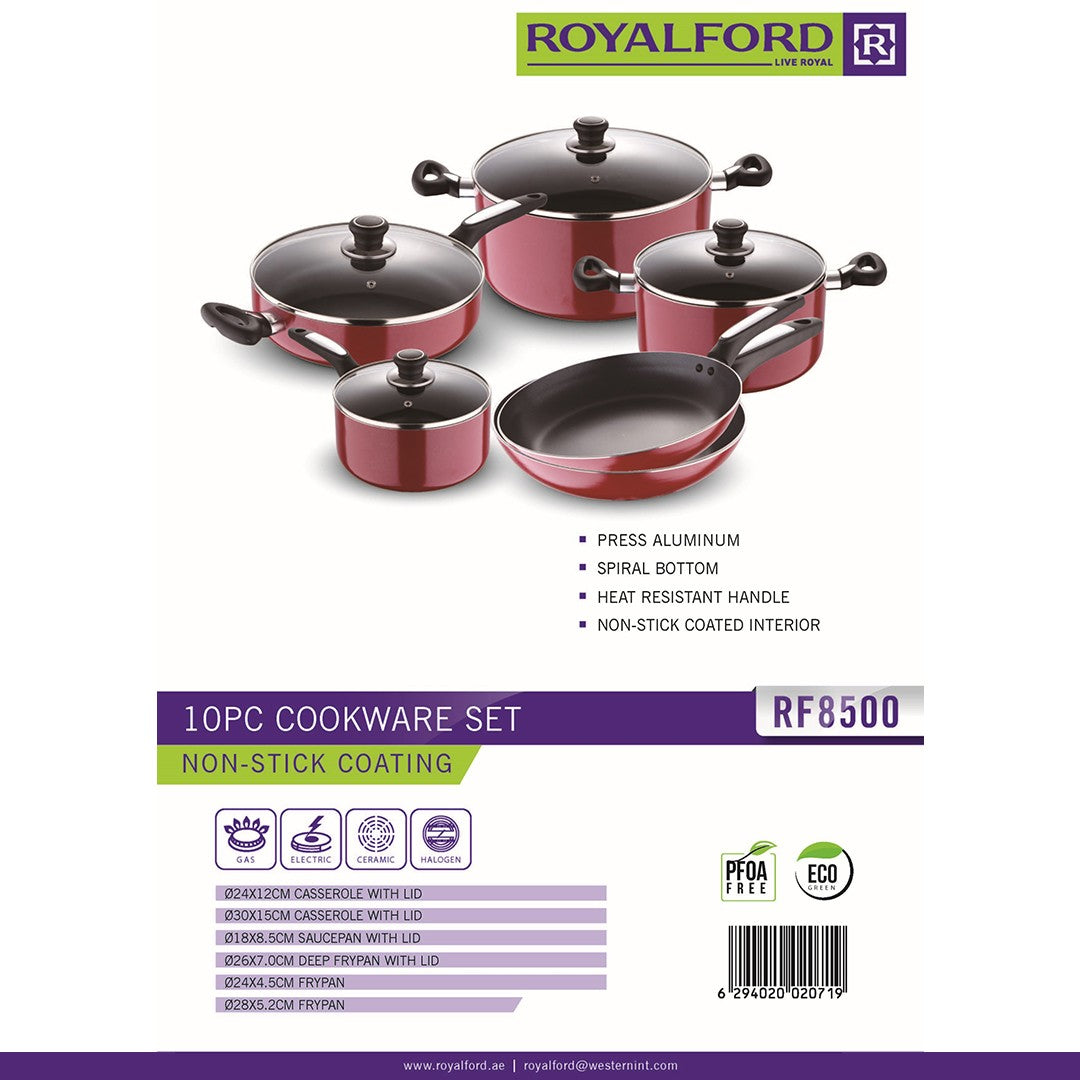 Royalford RF8500 10 Pcs Aluminium Cookware Set | 3 Layer Non Stick Coating | Tempered Glass Lids | Multiple Frypans, Casseroles &  Saucepans for Home and Kitchen Use