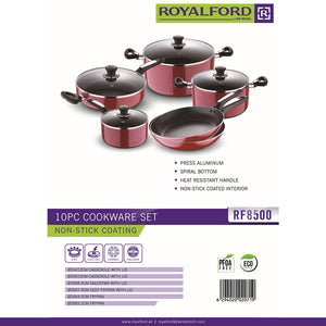 Royalford RF8500 10 Pcs Aluminium Cookware Set | 3 Layer Non Stick Coating | Tempered Glass Lids | Multiple Frypans, Casseroles &  Saucepans for Home and Kitchen Use
