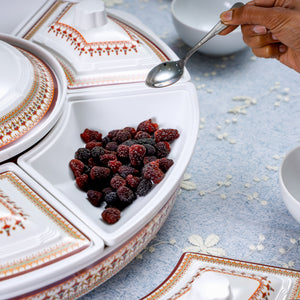 Royalford RF8581  Revolving Serving Tray | Premium Melamine Build | 360 Degree Rotating Base | Covered Bowls with Lids | Elegant & Durable Dining Table Tray Set