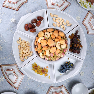 Royalford RF8581  Revolving Serving Tray | Premium Melamine Build | 360 Degree Rotating Base | Covered Bowls with Lids | Elegant & Durable Dining Table Tray Set