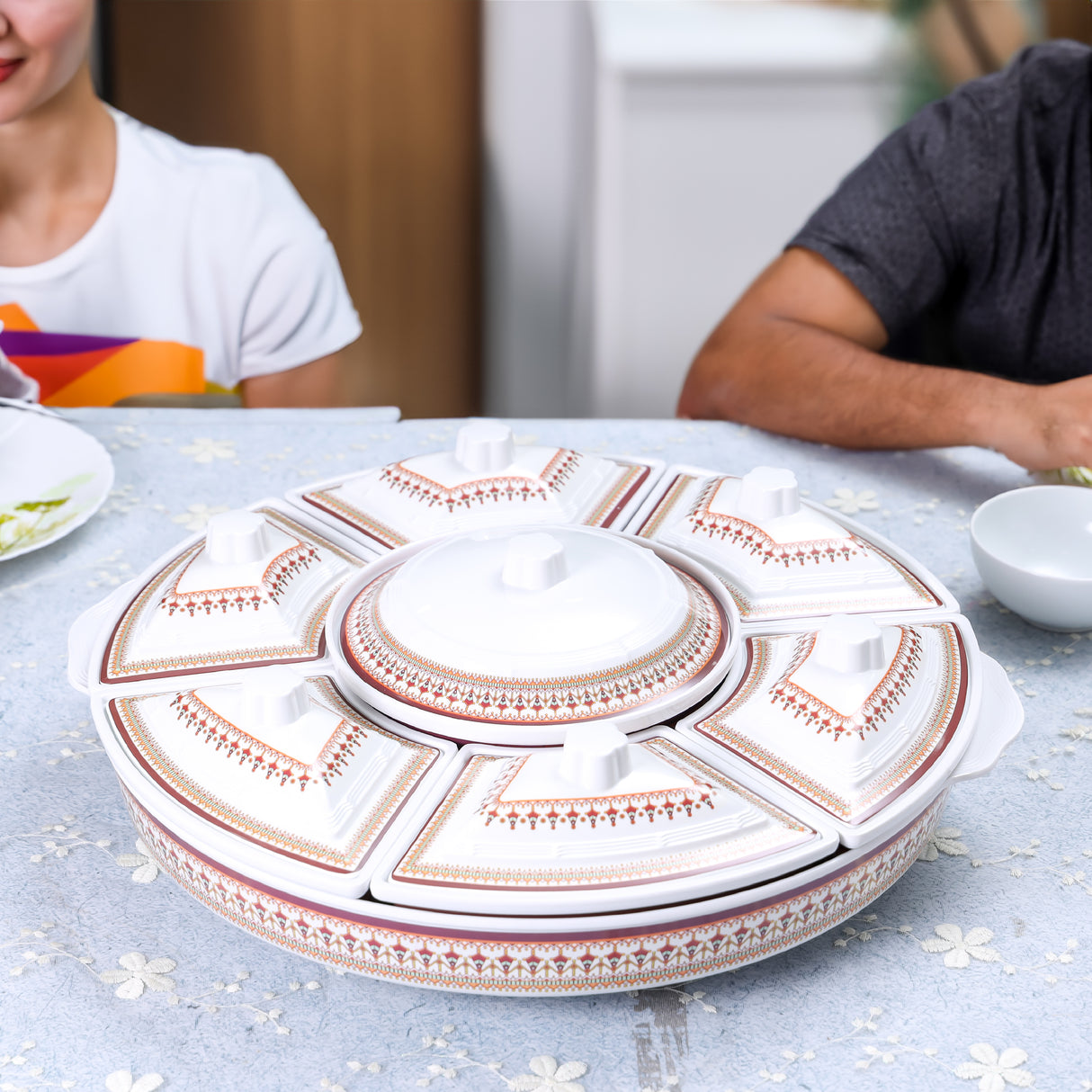 Royalford RF8581  Revolving Serving Tray | Premium Melamine Build | 360 Degree Rotating Base | Covered Bowls with Lids | Elegant & Durable Dining Table Tray Set