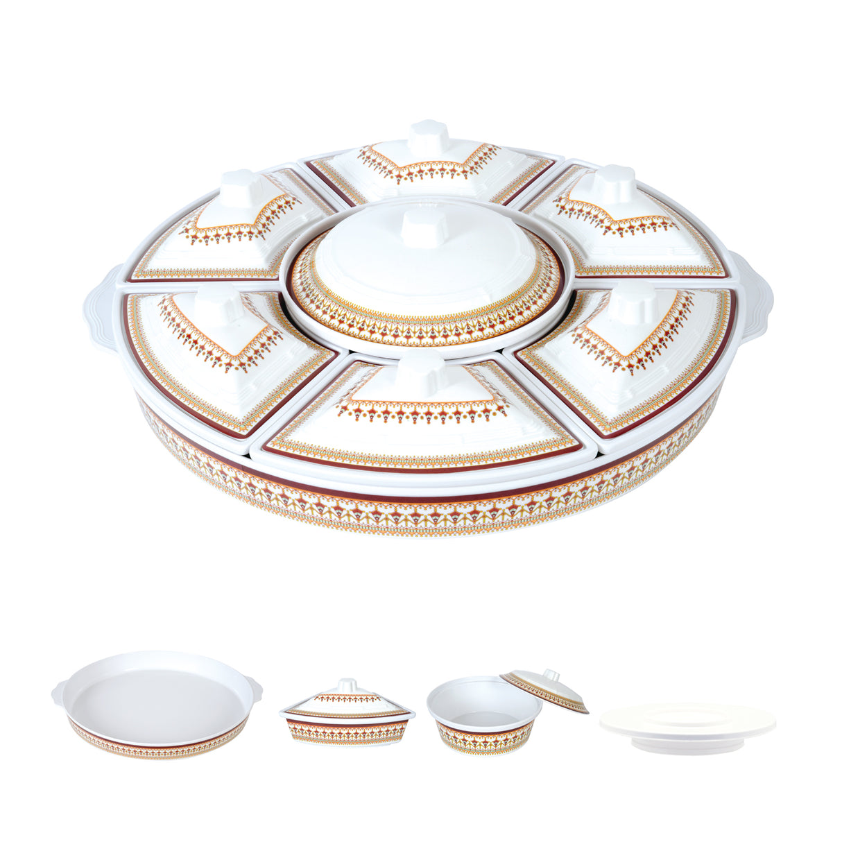 Royalford RF8581  Revolving Serving Tray | Premium Melamine Build | 360 Degree Rotating Base | Covered Bowls with Lids | Elegant & Durable Dining Table Tray Set