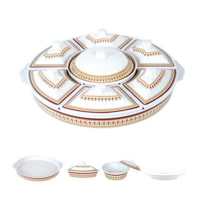Royalford RF8581  Revolving Serving Tray | Premium Melamine Build | 360 Degree Rotating Base | Covered Bowls with Lids | Elegant & Durable Dining Table Tray Set