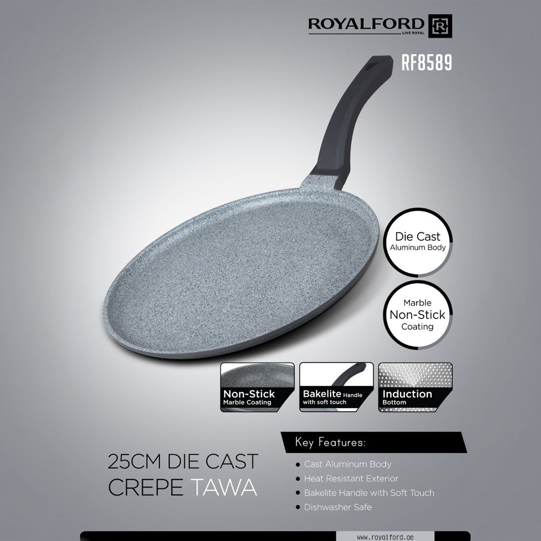 Royalford RF8589 25CM Die Cast Aluminium Crepe Tawa | Marble Non-Stick Coating | Induction Compatible Bottom | Soft Touch Bakelite Handle | Durable & Dishwasher Safe