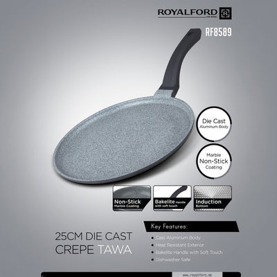 Royalford RF8589 25CM Die Cast Aluminium Crepe Tawa | Marble Non-Stick Coating | Induction Compatible Bottom | Soft Touch Bakelite Handle | Durable & Dishwasher Safe