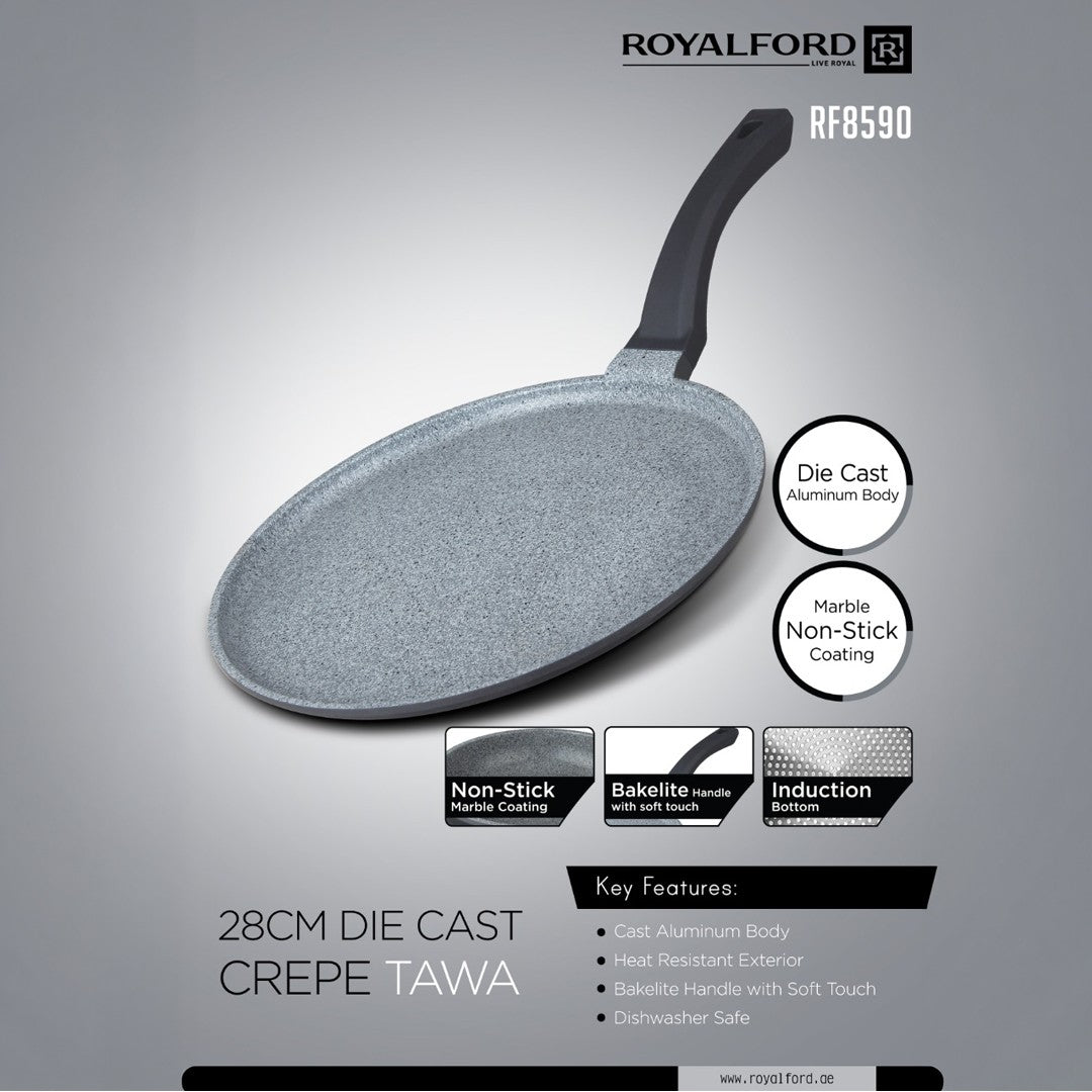 Royalford RF8590 28cm Die Cast Crepe Tawa | Marble Non-Stick Coating | Induction Compatible Aluminium Flat Pan | Soft Touch Bakelite Handle & Even Heat Distribution