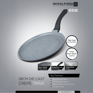 Royalford RF8590 28cm Die Cast Crepe Tawa | Marble Non-Stick Coating | Induction Compatible Aluminium Flat Pan | Soft Touch Bakelite Handle & Even Heat Distribution