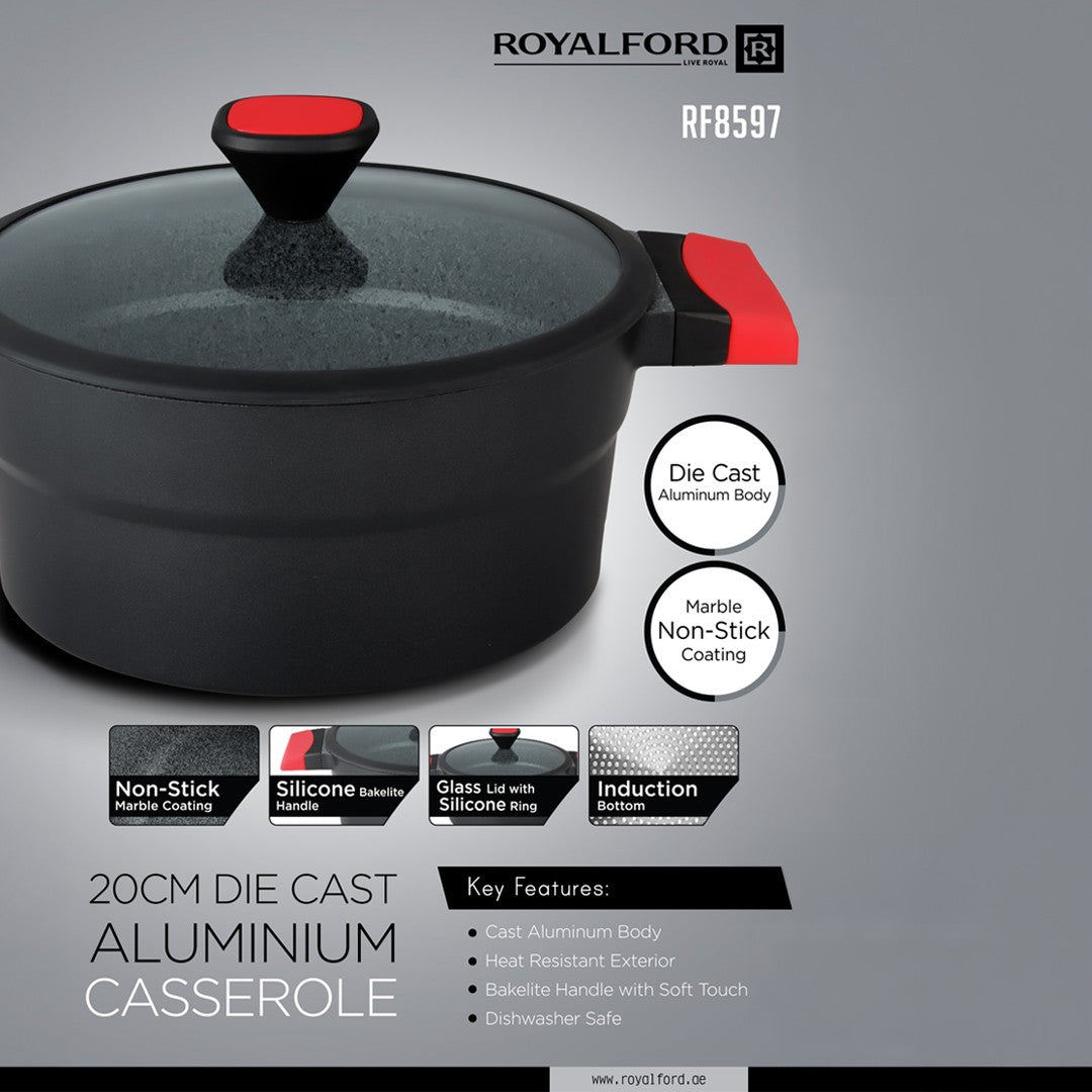 Royalford RF8597 20CM Die Cast Aluminium Casserole | Marble Non-Stick Coating | Glass Lid with Silicone Ring | Induction Bottom & Heat-Resistant Bakelite Handles