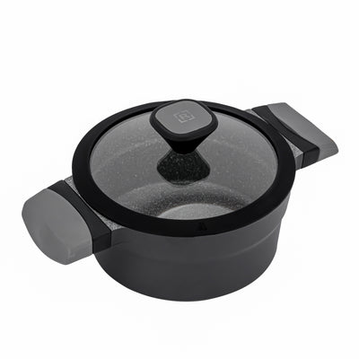 Royalford RF8597 20CM Die Cast Aluminium Casserole | Marble Non-Stick Coating | Glass Lid with Silicone Ring | Induction Bottom & Heat-Resistant Bakelite Handles
