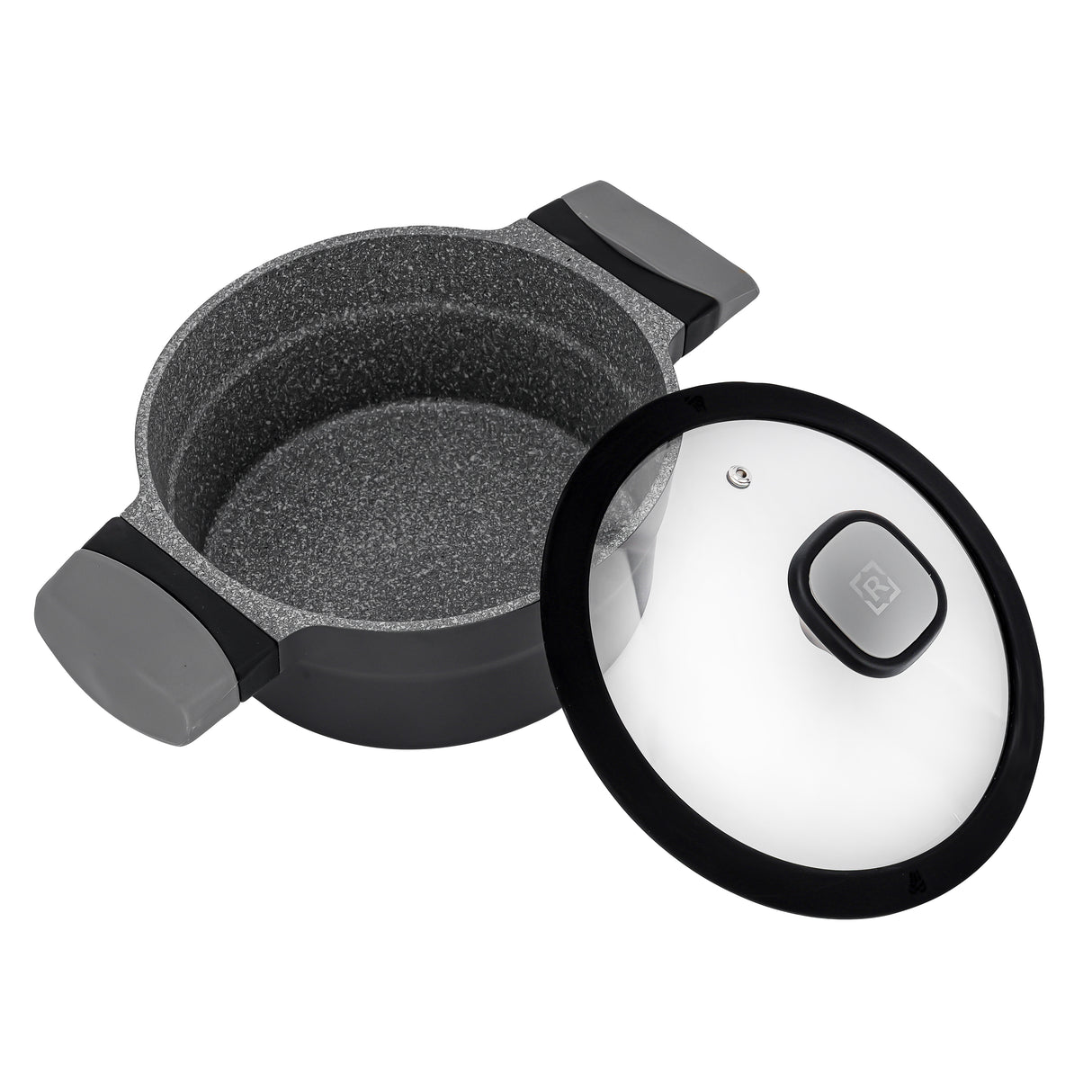 Royalford RF8597 20CM Die Cast Aluminium Casserole | Marble Non-Stick Coating | Glass Lid with Silicone Ring | Induction Bottom & Heat-Resistant Bakelite Handles