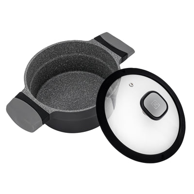 Royalford RF8597 20CM Die Cast Aluminium Casserole | Marble Non-Stick Coating | Glass Lid with Silicone Ring | Induction Bottom & Heat-Resistant Bakelite Handles