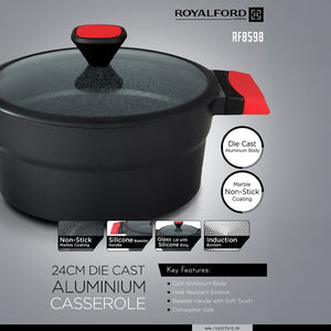 Royalford RF8598 24cm Die Cast Aluminium Casserole with Glass Lid | Marble Non-Stick Induction Compatible Cooking Pot | Soft Touch Bakelite Handles for Everyday Use