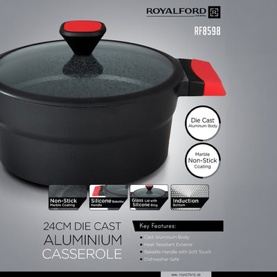 Royalford RF8598 24cm Die Cast Aluminium Casserole with Glass Lid | Marble Non-Stick Induction Compatible Cooking Pot | Soft Touch Bakelite Handles for Everyday Use