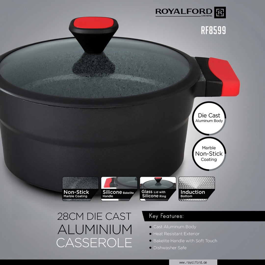 Royalford RF8599 28CM Die Cast Casserole | Premium Marble Non-Stick Coating | Durable Die-Cast Body| Heat-Resistant Exterior & Induction Ready Cookware for Everyday Use