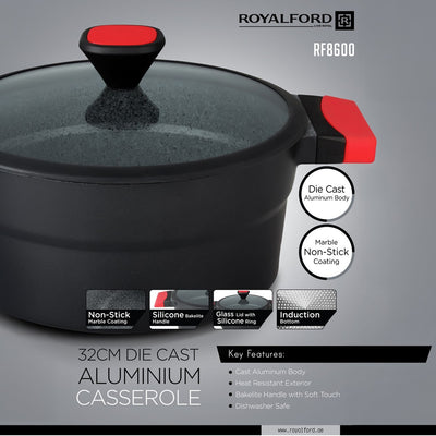 Royalford RF8600 32cm Die Cast Aluminium Casserole with Glass Lid | Marble Non-Stick Induction Compatible Cooking Pot | Soft Touch Handle | Perfect for Everyday Cooking