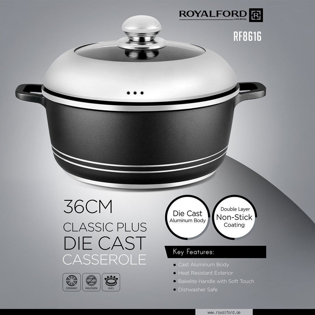 Royalford RF8616 36CM Die Cast Casserole | Premium Double Layer Non-Stick Coating | Heat-Resistant Exterior | Soft-Touch Handles | Durable and Large-Capacity Cookware