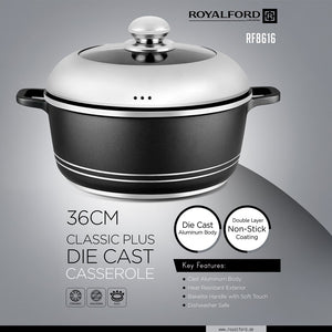 Royalford RF8616 36CM Die Cast Casserole | Premium Double Layer Non-Stick Coating | Heat-Resistant Exterior | Soft-Touch Handles | Durable and Large-Capacity Cookware