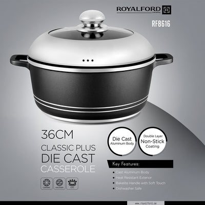 Royalford RF8616 36CM Die Cast Casserole | Premium Double Layer Non-Stick Coating | Heat-Resistant Exterior | Soft-Touch Handles | Durable and Large-Capacity Cookware