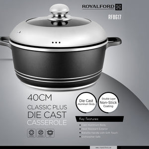 Royalford RF8617 40cm Classic Plus Die Cast Aluminium Casserole with Lid | Double Layer Non-Stick Cooking Pot | Soft Touch Handles for Gas, Ceramic & Halogen Use