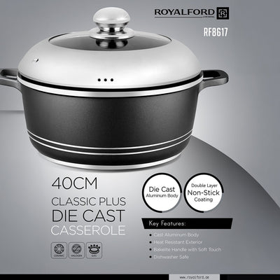 Royalford RF8617 40cm Classic Plus Die Cast Aluminium Casserole with Lid | Double Layer Non-Stick Cooking Pot | Soft Touch Handles for Gas, Ceramic & Halogen Use