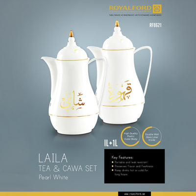 Royalford RF8621 Laila  tea and cawa in style with 1L + 1L flask set | featuring double wall glass liner, leak resistant design, and long hot or cold insulation.