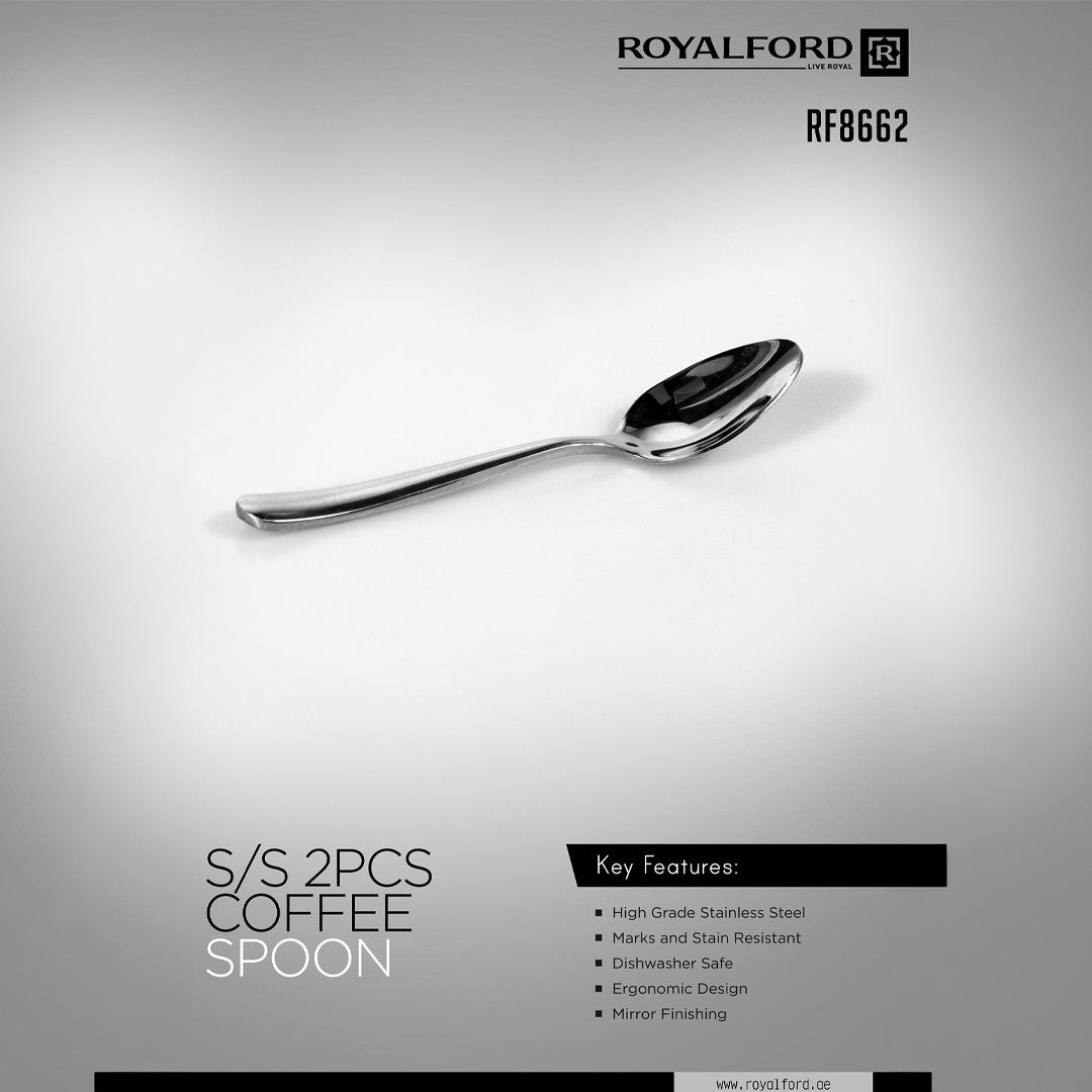 Royalford RF8662 Stainless Steel Coffee Spoon Set of 2 with Mirror Finish | High Grade Rust and  Stain Resistant Ergonomic Cutlery | Perfect for Tea, Coffee & Daily Use