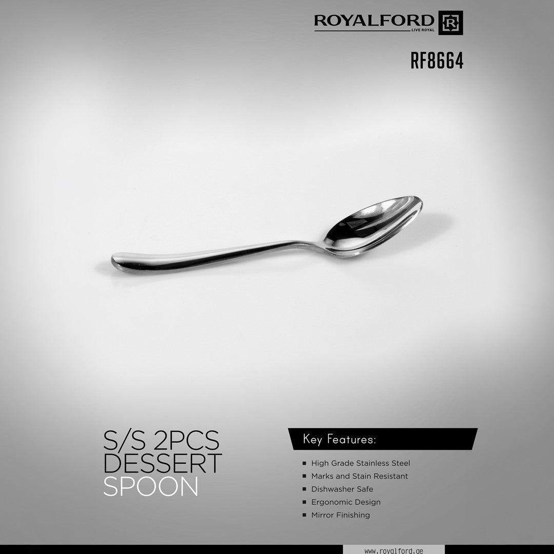 Royalford RF8664 Stainless Steel Dessert Spoon Set of 2 with Mirror Finish | High Grade Rust and  Stain Resistant Ergonomic Cutlery | Perfect for Desserts & Daily Use