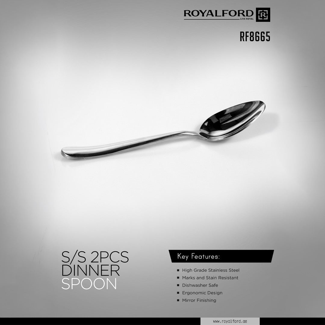 Royalford RF8665 Stainless Steel Dinner Spoon Set of 2 with Mirror Finish | High Grade Rust and  Stain Resistant Ergonomic Cutlery | Perfect for Daily Dining Use