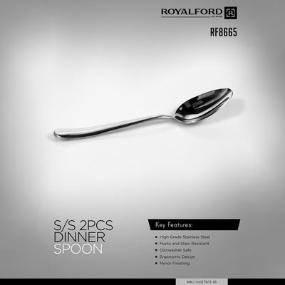 Royalford RF8665 Stainless Steel Dinner Spoon Set of 2 with Mirror Finish | High Grade Rust and  Stain Resistant Ergonomic Cutlery | Perfect for Daily Dining Use