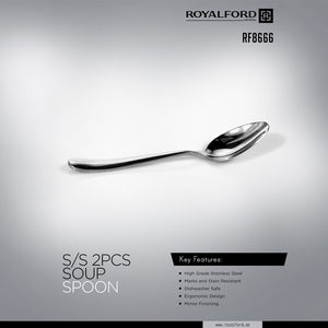 Royalford RF8666 Stainless Steel Soup Spoon Set | 2 Pcs with Mirror Finish| Dishwasher Safe| Ergonomic Handle Design for Home, Hotel, Restaurant, Café & Daily Table Use