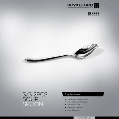Royalford RF8666 Stainless Steel Soup Spoon Set | 2 Pcs with Mirror Finish| Dishwasher Safe| Ergonomic Handle Design for Home, Hotel, Restaurant, Café & Daily Table Use
