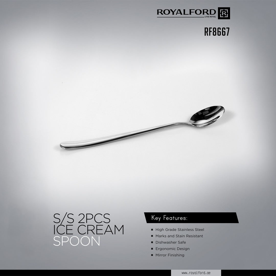 Royalford RF8667 Stainless Steel Ice Cream Spoon Set |  2 Pcs Mirror Finish Dishwasher Safe Dessert Spoons | High Grade Steel Ergonomic Design | Stain Resistant Cutlery