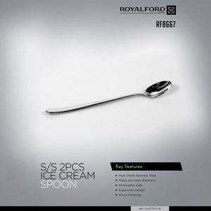 Royalford RF8667 Stainless Steel Ice Cream Spoon Set |  2 Pcs Mirror Finish Dishwasher Safe Dessert Spoons | High Grade Steel Ergonomic Design | Stain Resistant Cutlery