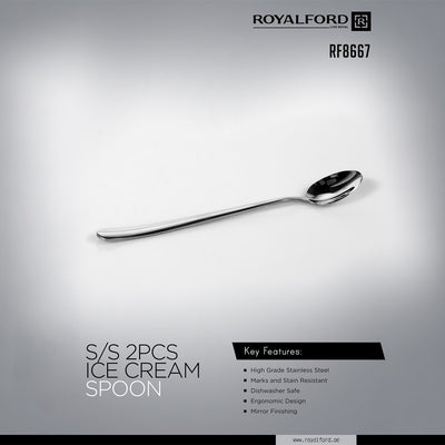 Royalford RF8667 Stainless Steel Ice Cream Spoon Set |  2 Pcs Mirror Finish Dishwasher Safe Dessert Spoons | High Grade Steel Ergonomic Design | Stain Resistant Cutlery
