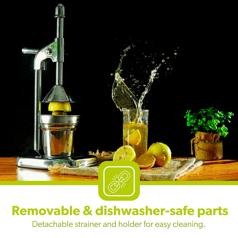 Royalford RF8674 Citrus Juicer | Heavy-Duty Iron Base | Stainless Steel Juice Cup & Strainer | Aluminum Handle Manual Lever Juicer for Smooth & Fresh Extraction