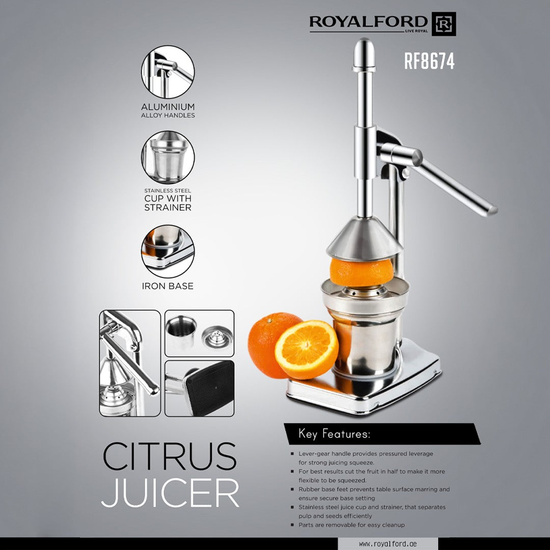 Royalford RF8674 Citrus Juicer | Heavy-Duty Iron Base | Stainless Steel Juice Cup & Strainer | Aluminum Handle Manual Lever Juicer for Smooth & Fresh Extraction