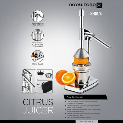 Royalford RF8674 Citrus Juicer | Heavy-Duty Iron Base | Stainless Steel Juice Cup & Strainer | Aluminum Handle Manual Lever Juicer for Smooth & Fresh Extraction