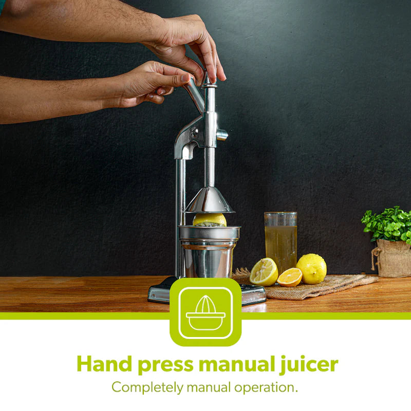 Royalford RF8674 Citrus Juicer | Heavy-Duty Iron Base | Stainless Steel Juice Cup & Strainer | Aluminum Handle Manual Lever Juicer for Smooth & Fresh Extraction