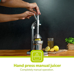 Royalford RF8674 Citrus Juicer | Heavy-Duty Iron Base | Stainless Steel Juice Cup & Strainer | Aluminum Handle Manual Lever Juicer for Smooth & Fresh Extraction