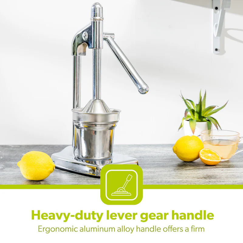 Royalford RF8674 Citrus Juicer | Heavy-Duty Iron Base | Stainless Steel Juice Cup & Strainer | Aluminum Handle Manual Lever Juicer for Smooth & Fresh Extraction