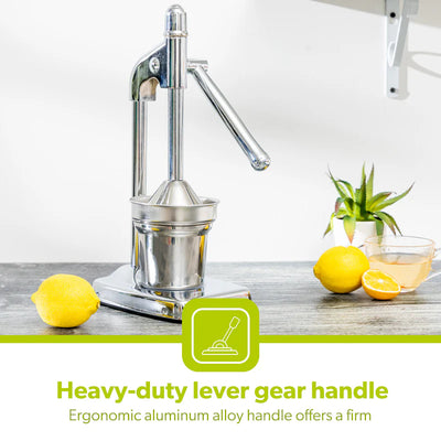 Royalford RF8674 Citrus Juicer | Heavy-Duty Iron Base | Stainless Steel Juice Cup & Strainer | Aluminum Handle Manual Lever Juicer for Smooth & Fresh Extraction