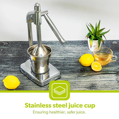 Royalford RF8674 Citrus Juicer | Heavy-Duty Iron Base | Stainless Steel Juice Cup & Strainer | Aluminum Handle Manual Lever Juicer for Smooth & Fresh Extraction