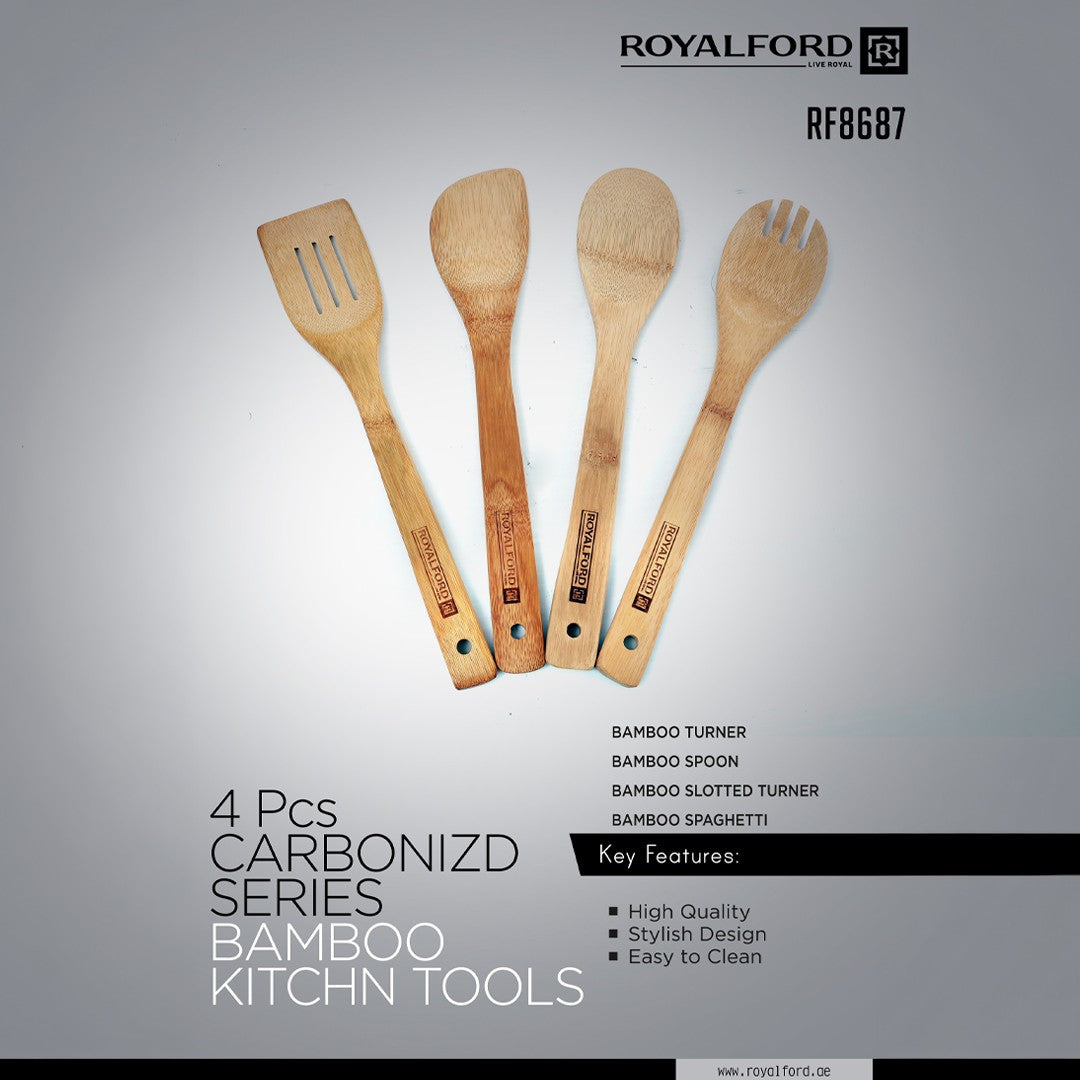 Royalford RF8687 Bamboo Kitchen Tools Set 4 Pcs | Carbonized Wooden Utensils for Cooking | Non-Stick Safe | Eco-Friendly Kitchen Tools| Perfect  for Daily Home Use