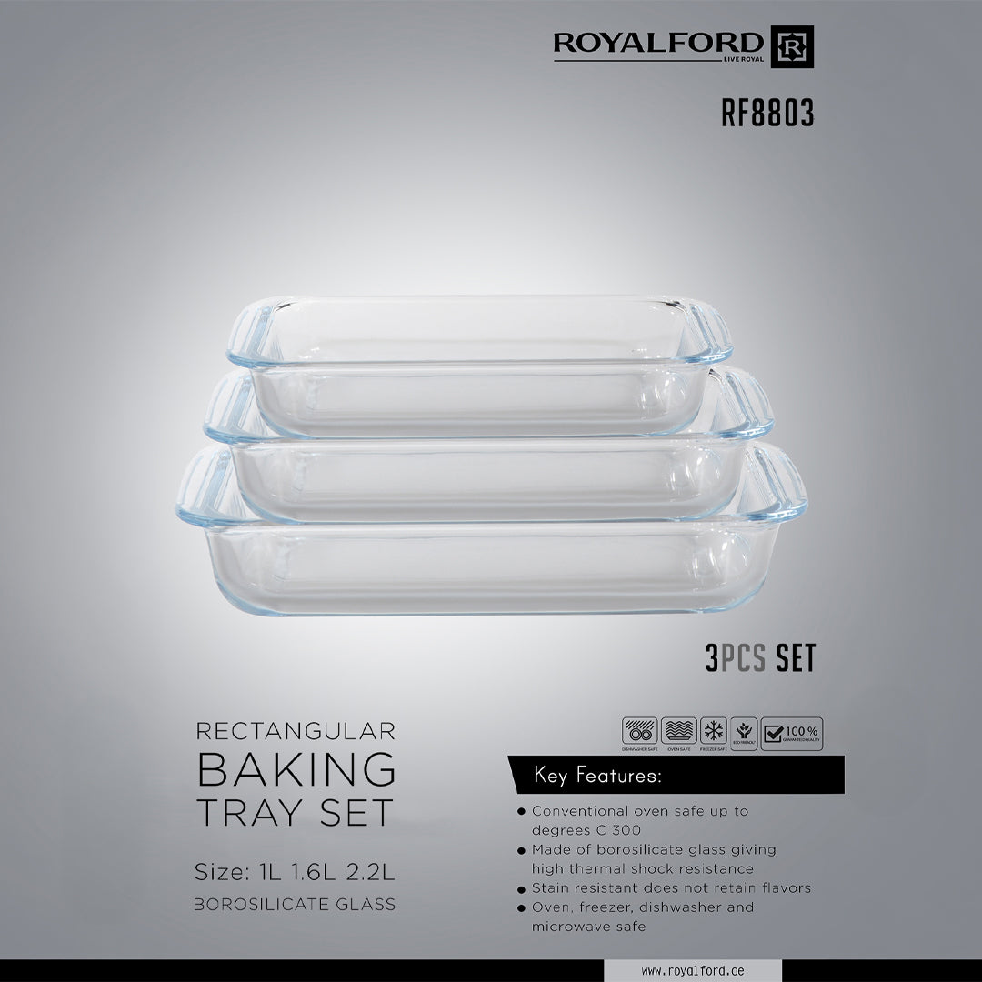 Royalford RF8803 3-Piece Rectangular Borosilicate Glass Baking Tray Set | High thermal shock resistance | Stain-resistant and non-porous glass | Integrated side handles